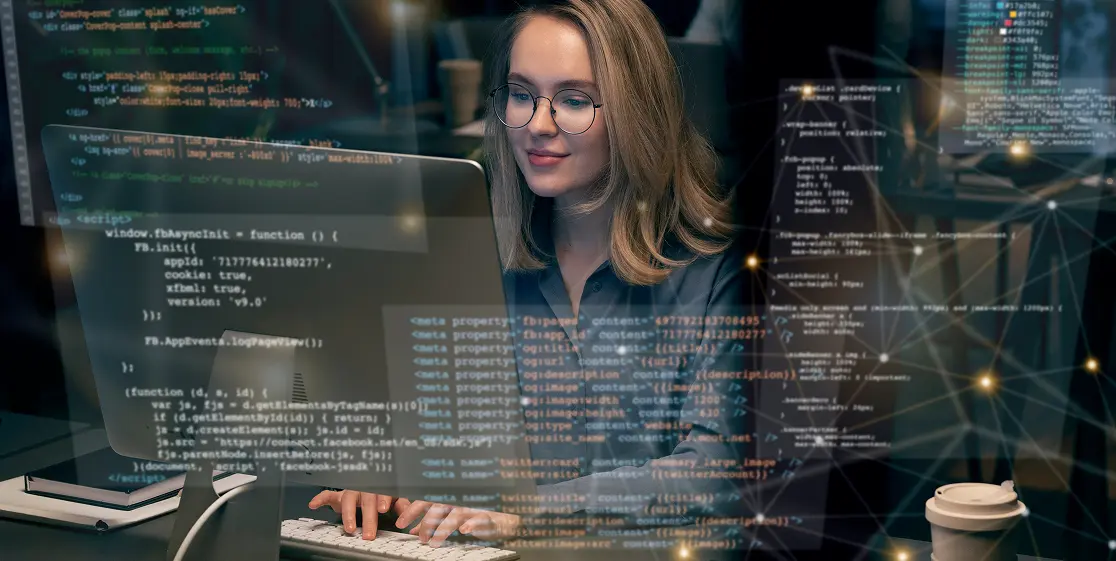 A woman with glasses concentrates on coding at a computer, surrounded by digital code projections in a dimly lit workspace. A calm, focused atmosphere.