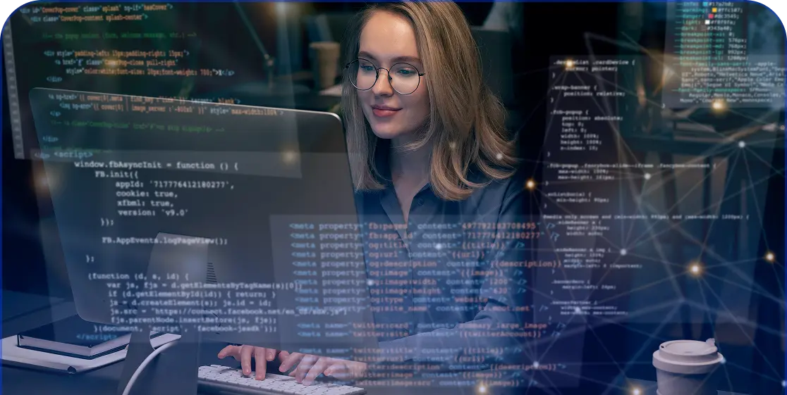 A woman with glasses, seated at a computer, is coding. Displayed code overlays the image, suggesting focus and concentration. A coffee cup sits nearby