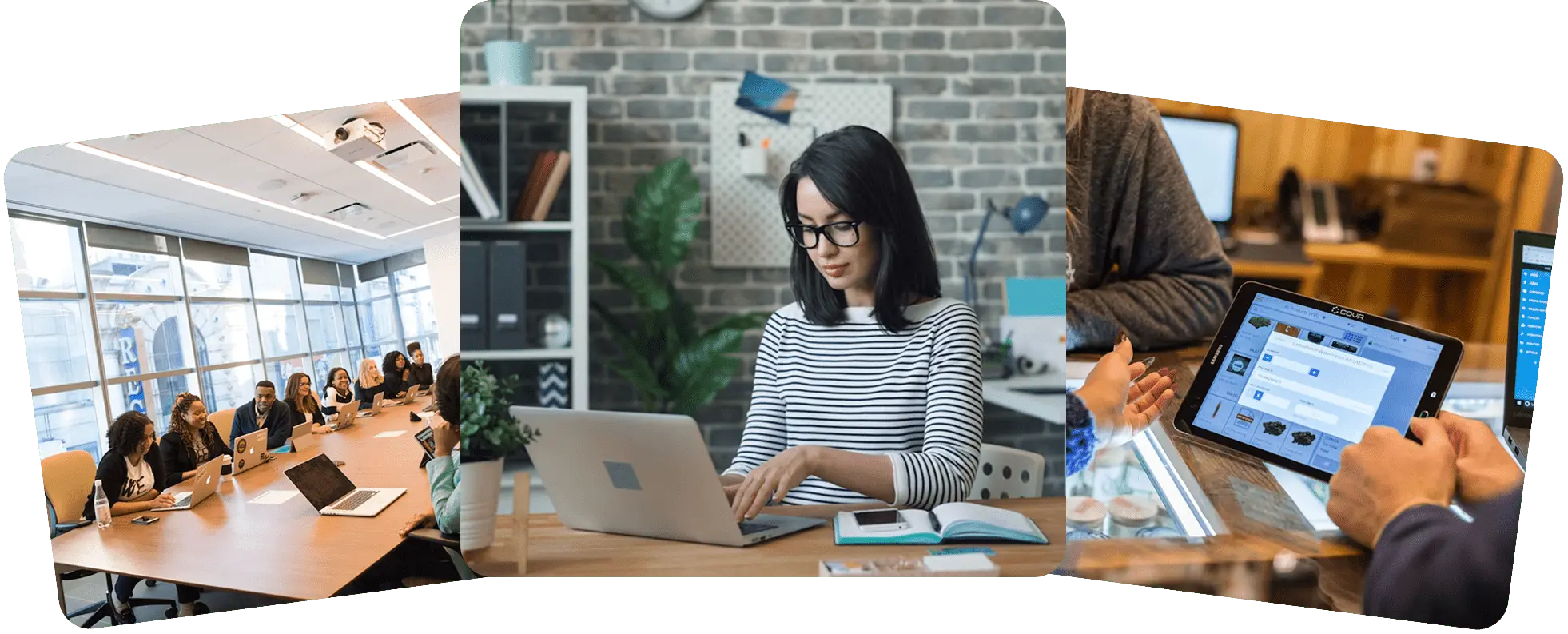 Collage with three images: a diverse team in a conference room, a woman in glasses working on a laptop, and a digital transaction on a tablet