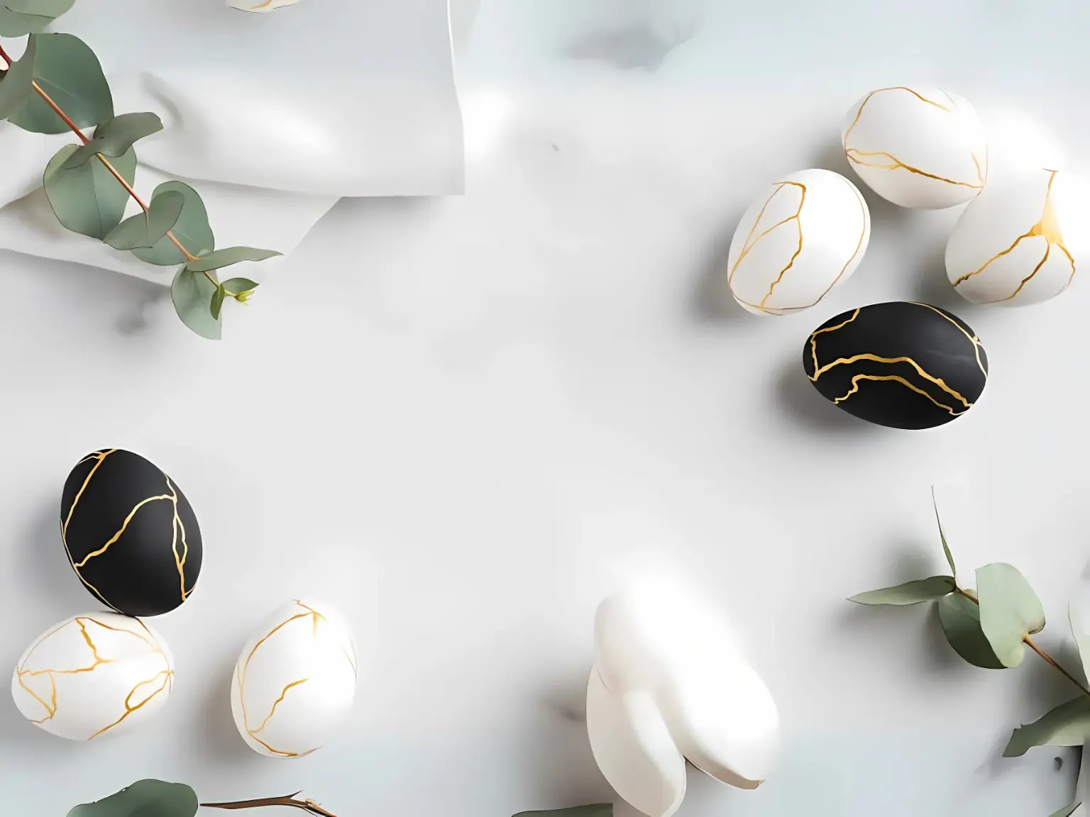 Marble surface with decorative black and white eggs