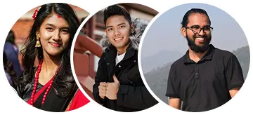 Three people are shown in overlapping circles. A woman in traditional attire smiles, a man in a fur-trimmed jacket grins, and another man wearing glasses smiles against a scenic backdrop